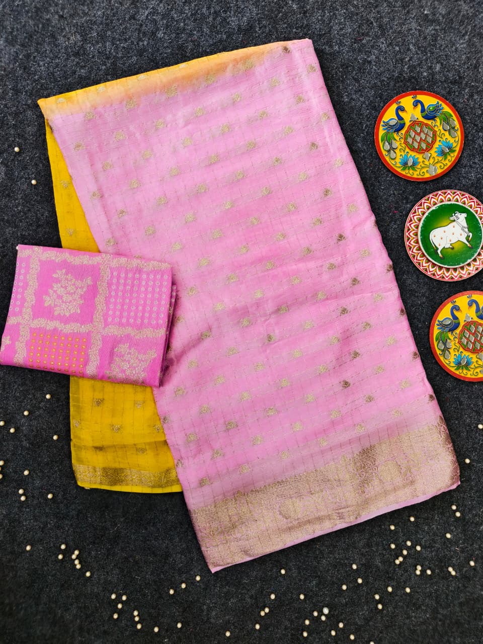 Demesne Yellow and Pink Pure Banarasi Silk Saree With Amazing Blouse Piece