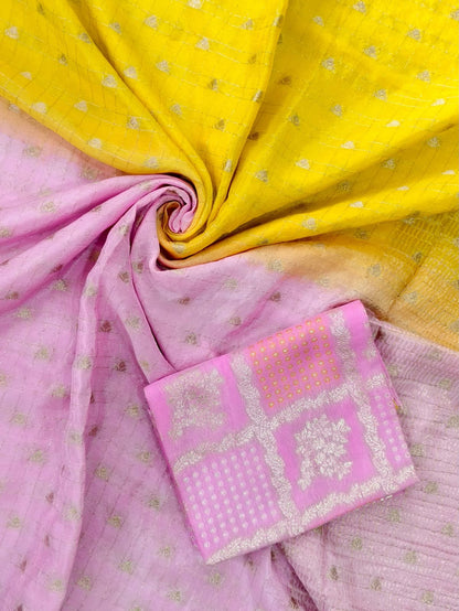 Demesne Yellow and Pink Pure Banarasi Silk Saree With Amazing Blouse Piece