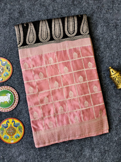 Pretty Pink and Black Banarasi Viscose Georgette Silk Saree With Whimsical Blouse Piece