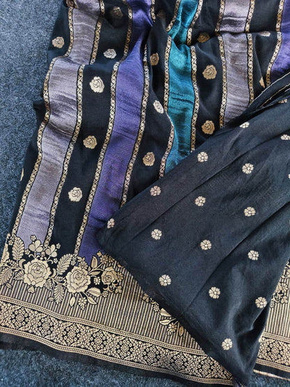 Beguiling Black Pure Viscose Banrasi Silk Saree With Woebegone Blouse Piece