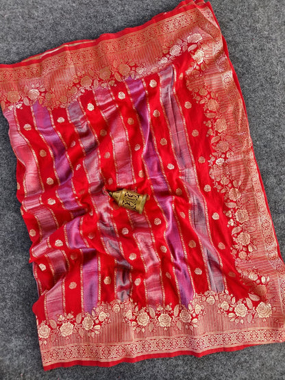Rhapsody Red Pure Viscose Banrasi Silk Saree With Classic Blouse Piece