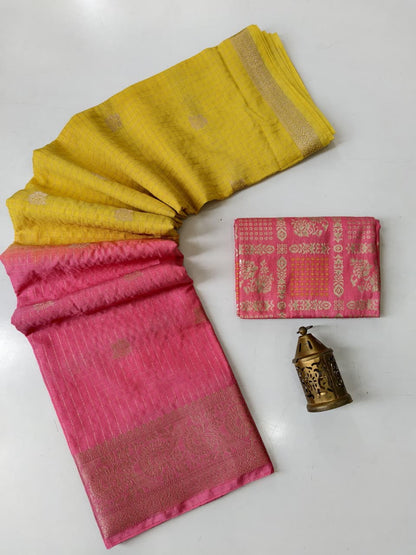 Gratifying Yellow and Pink Pure Banarasi Silk Saree With Embrocation Blouse Piece