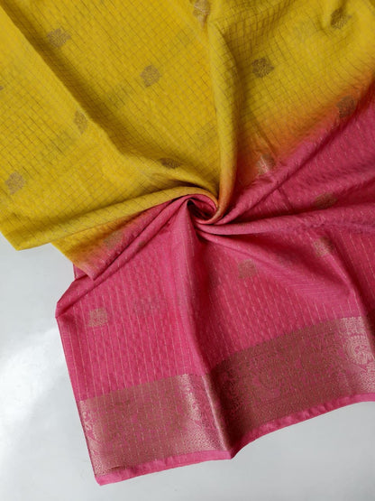Gratifying Yellow and Pink Pure Banarasi Silk Saree With Embrocation Blouse Piece