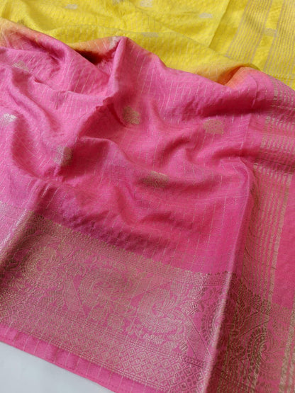 Gratifying Yellow and Pink Pure Banarasi Silk Saree With Embrocation Blouse Piece