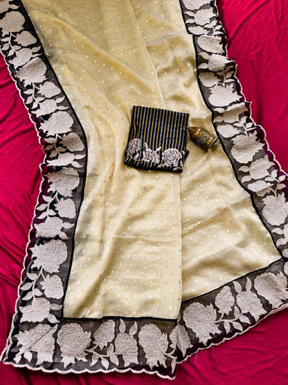 Groovy Beige Tissue Silk Designer Embroidery Work Saree With Mesmeric Blouse Piece