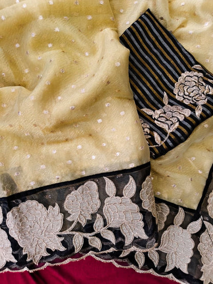 Groovy Beige Tissue Silk Designer Embroidery Work Saree With Mesmeric Blouse Piece