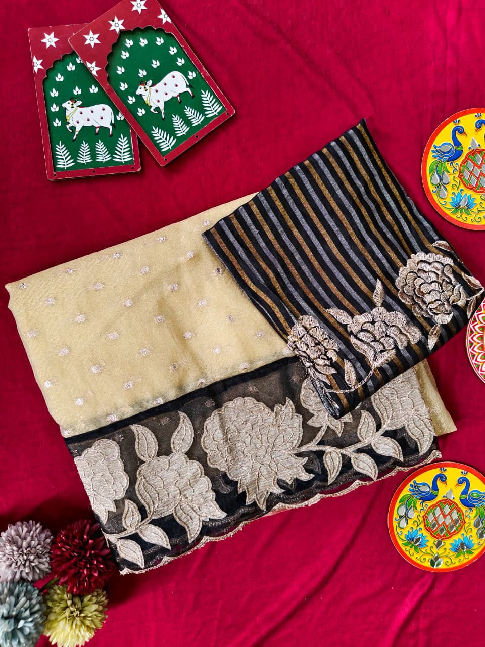 Groovy Beige Tissue Silk Designer Embroidery Work Saree With Mesmeric Blouse Piece