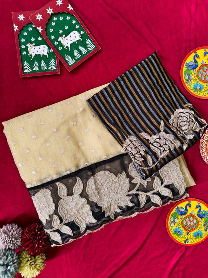 Groovy Beige Tissue Silk Designer Embroidery Work Saree With Mesmeric Blouse Piece