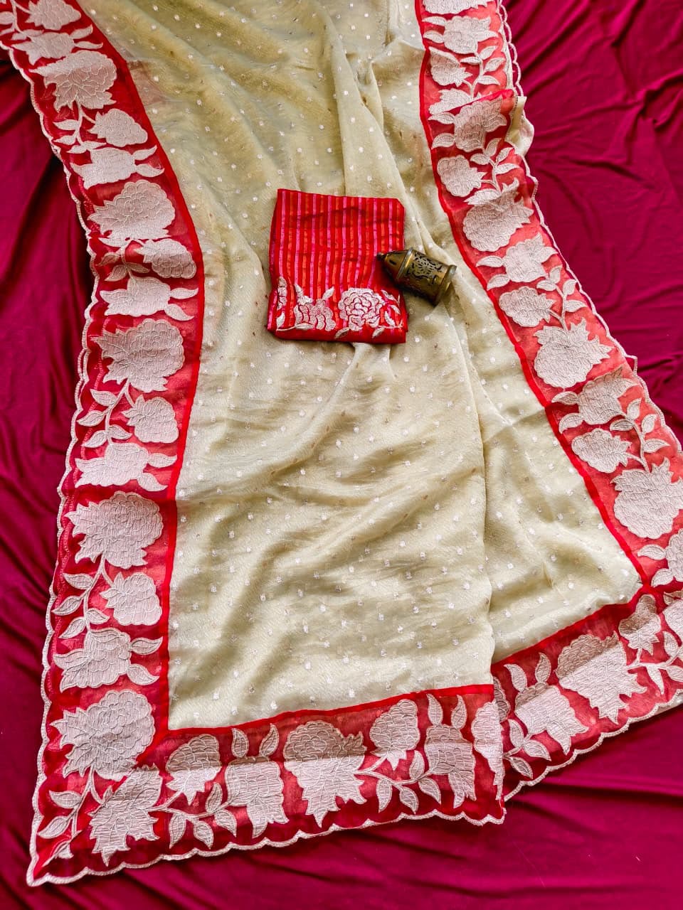 Phenomenal Beige Tissue Silk Designer Embroidery Work Saree With Demesne Blouse Piece
