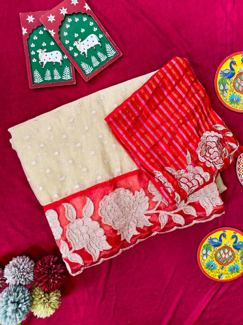 Phenomenal Beige Tissue Silk Designer Embroidery Work Saree With Demesne Blouse Piece