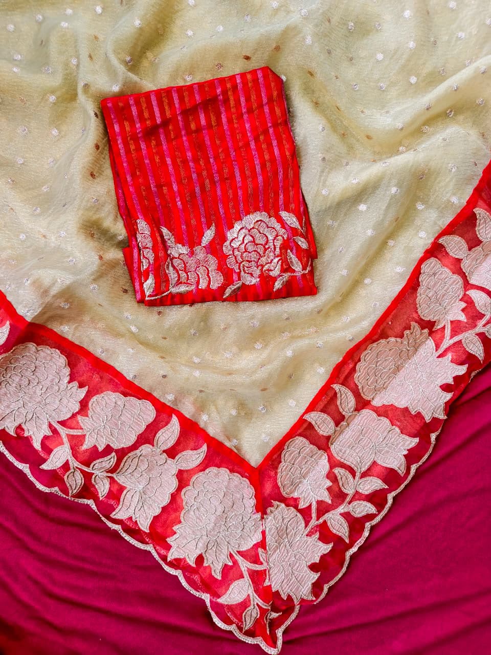 Phenomenal Beige Tissue Silk Designer Embroidery Work Saree With Demesne Blouse Piece