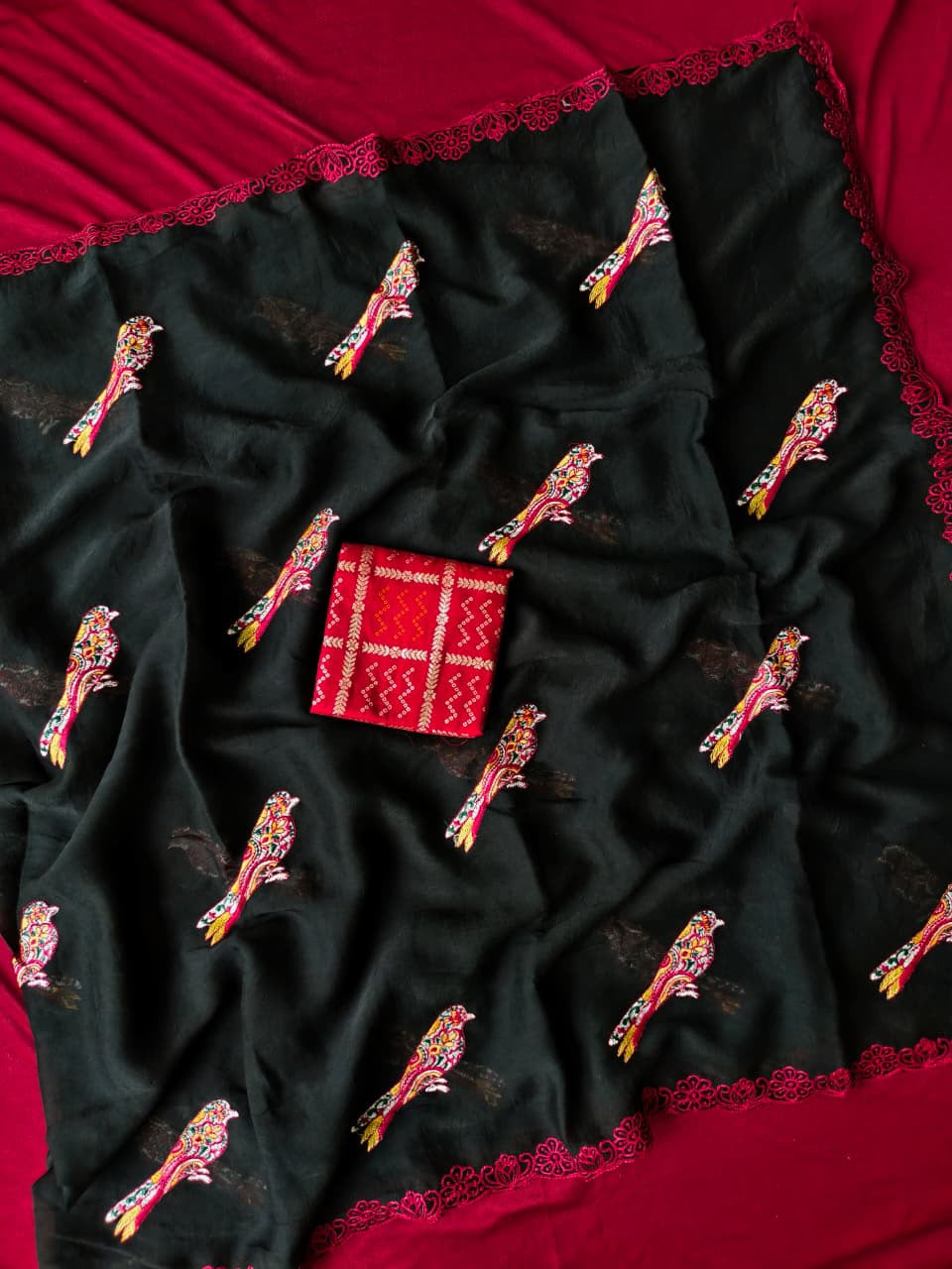 Ineffable Black Embroidery Work Georgette Saree With Nebula Blouse Piece