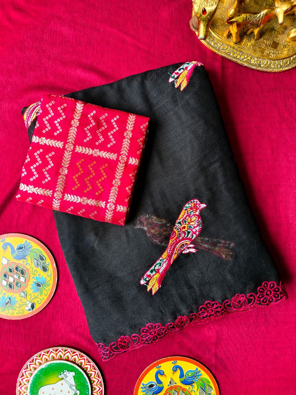 Ineffable Black Embroidery Work Georgette Saree With Nebula Blouse Piece