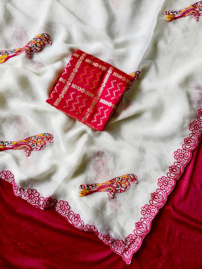 Sensational Off White Embroidery Work Georgette Saree With Blooming Blouse Piece