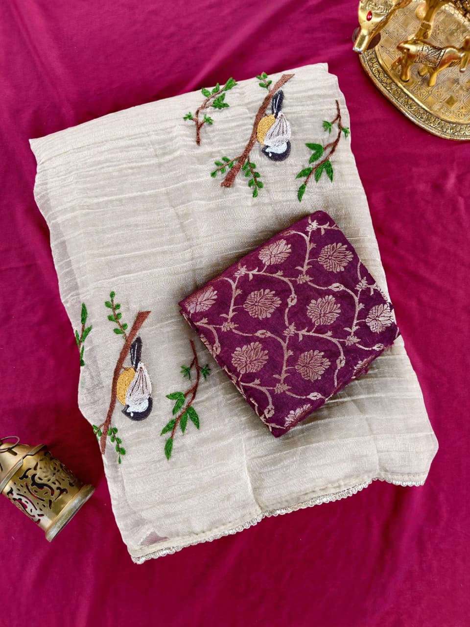 Incredible Beige Embroidery Work Crush Silk Saree With Dissemble Blouse Piece