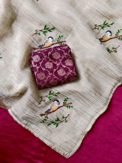 Incredible Beige Embroidery Work Crush Silk Saree With Dissemble Blouse Piece