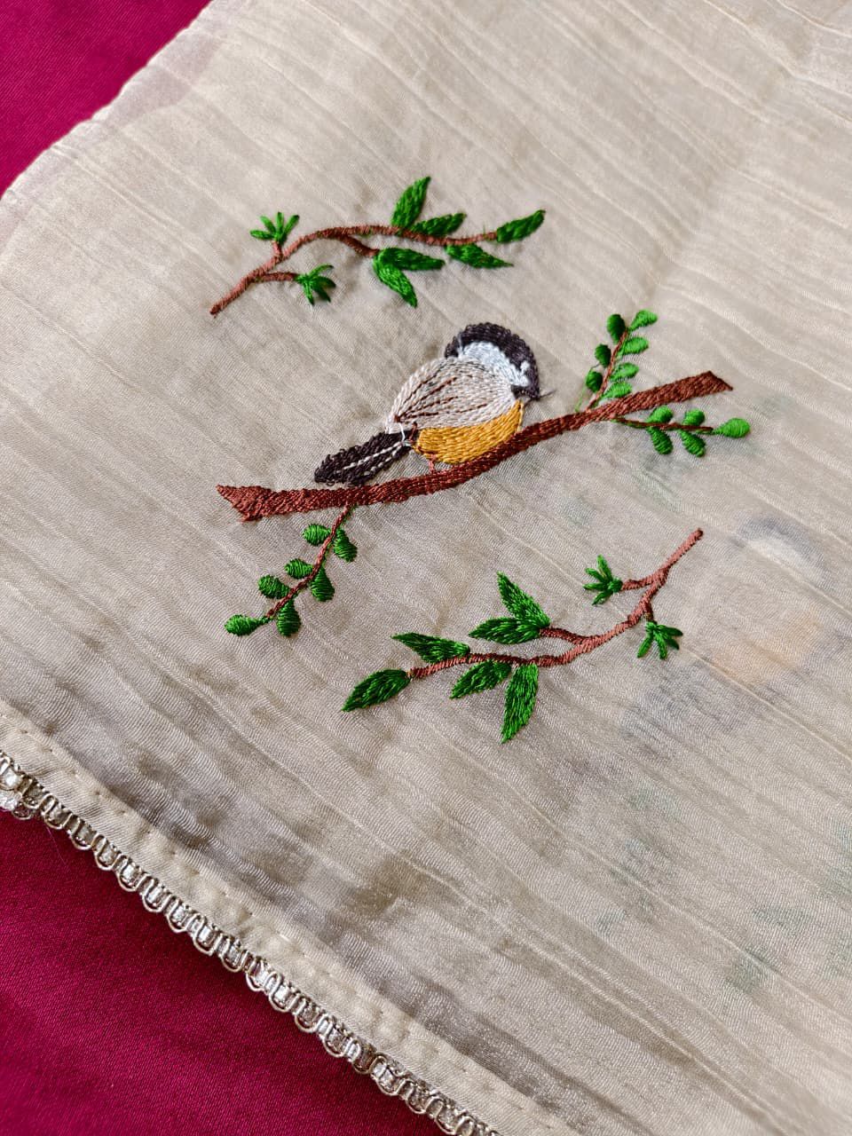 Incredible Beige Embroidery Work Crush Silk Saree With Dissemble Blouse Piece