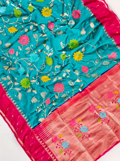 Woebegone Firozi Pure Viscose Banarasi Silk Saree With Prodigal Blouse Piece