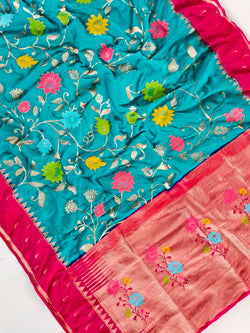 Woebegone Firozi Pure Viscose Banarasi Silk Saree With Prodigal Blouse Piece