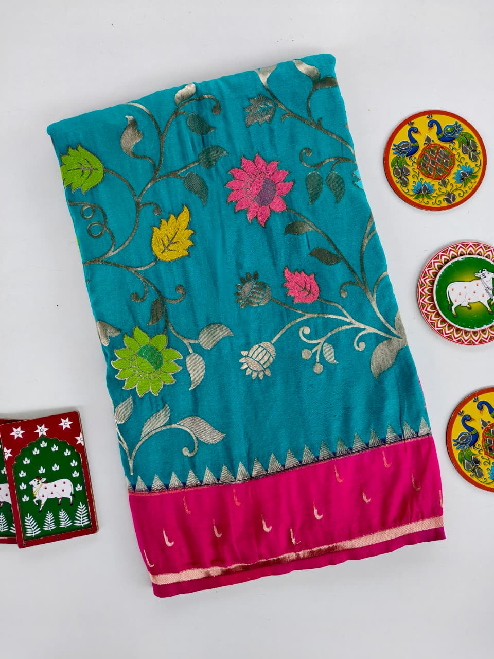 Woebegone Firozi Pure Viscose Banarasi Silk Saree With Prodigal Blouse Piece