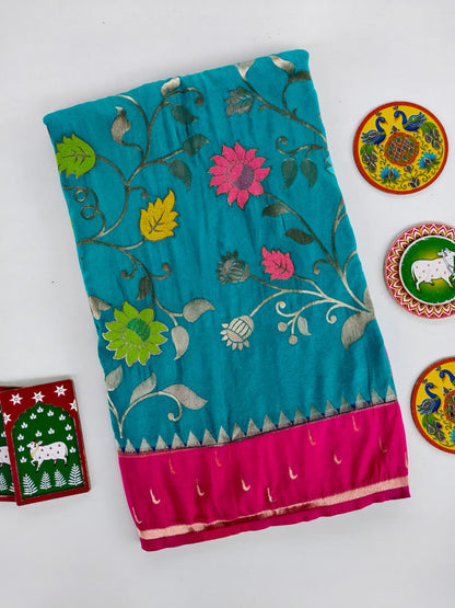 Woebegone Firozi Pure Viscose Banarasi Silk Saree With Prodigal Blouse Piece