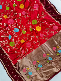 Enamoring Red Pure Viscose Banarasi Silk Saree With Girlish Blouse Piece