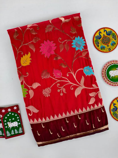 Enamoring Red Pure Viscose Banarasi Silk Saree With Girlish Blouse Piece