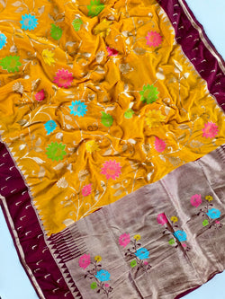 Forbearance Yellow Pure Viscose Banarasi Silk Saree With Intricate Blouse Piece