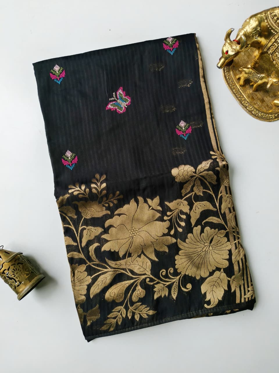 Sumptuous Black Embroidery Work Soft Silk Saree With Aplomb Blouse Piece