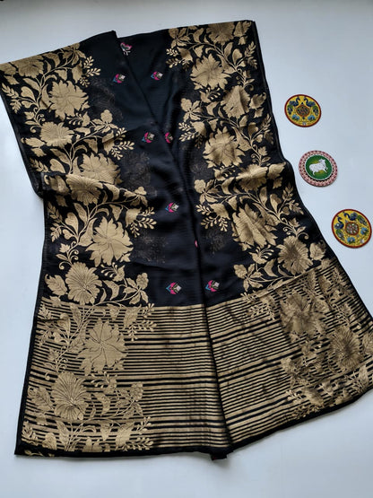 Sumptuous Black Embroidery Work Soft Silk Saree With Aplomb Blouse Piece