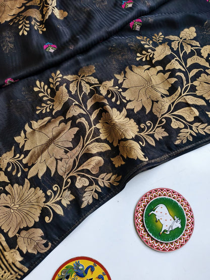 Sumptuous Black Embroidery Work Soft Silk Saree With Aplomb Blouse Piece