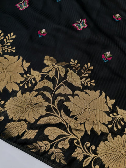 Sumptuous Black Embroidery Work Soft Silk Saree With Aplomb Blouse Piece