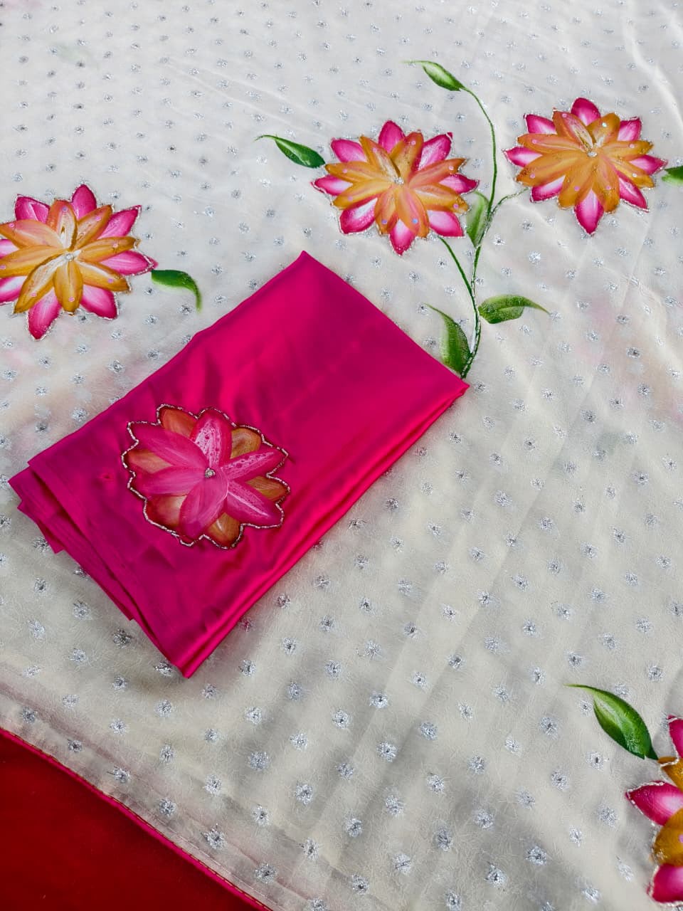 Felicitous Off White Printed Handwork Crush Silk Saree With Improbable Blouse Piece