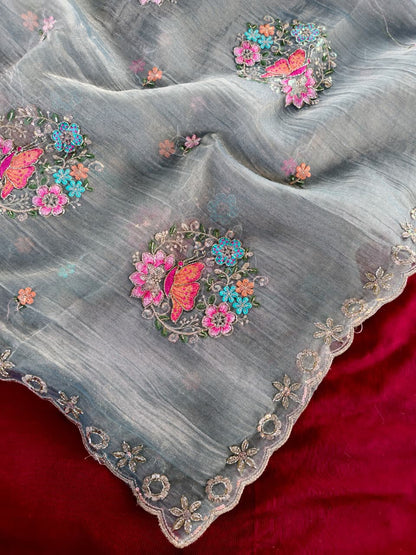 Proficient Grey Embroidery Work Salsa Silk Saree With Beautiful Blouse Piece