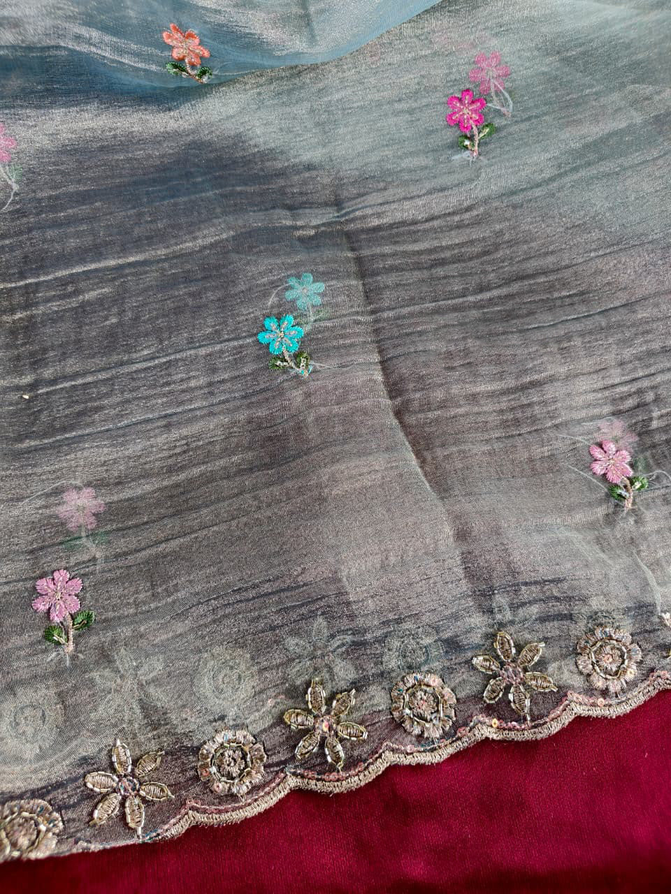 Proficient Grey Embroidery Work Salsa Silk Saree With Beautiful Blouse Piece
