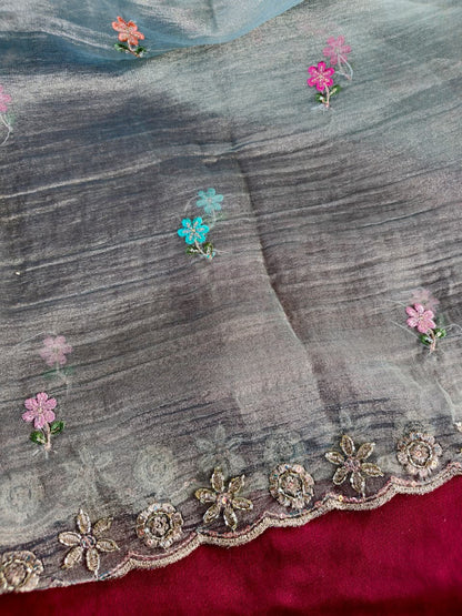 Proficient Grey Embroidery Work Salsa Silk Saree With Beautiful Blouse Piece