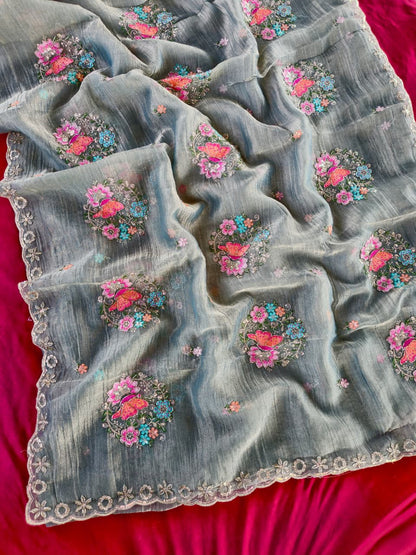 Proficient Grey Embroidery Work Salsa Silk Saree With Beautiful Blouse Piece
