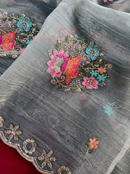 Proficient Grey Embroidery Work Salsa Silk Saree With Beautiful Blouse Piece