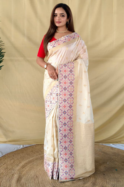 Unique Off White Pure Zari Weaving Banarasi Silk Saree With Girlish Blouse Piece