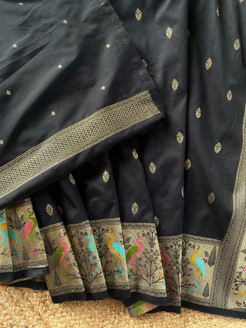 Inimitable Black Soft Banarasi Silk Saree With Assemblage Blouse Piece