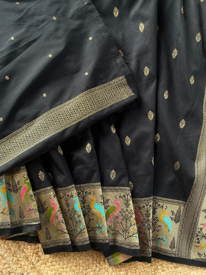 Inimitable Black Soft Banarasi Silk Saree With Assemblage Blouse Piece