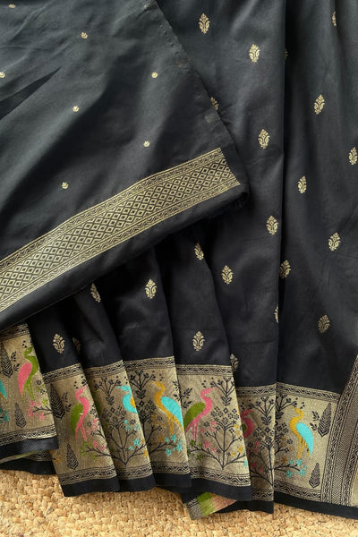 Inimitable Black Soft Banarasi Silk Saree With Assemblage Blouse Piece