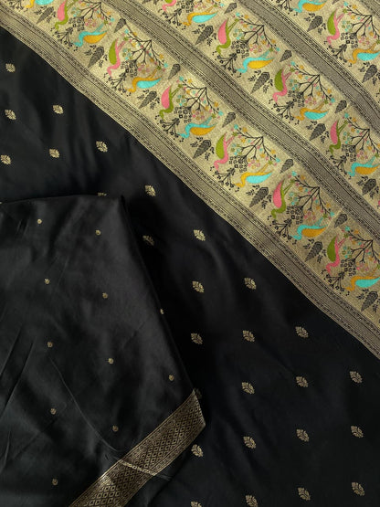 Inimitable Black Soft Banarasi Silk Saree With Assemblage Blouse Piece