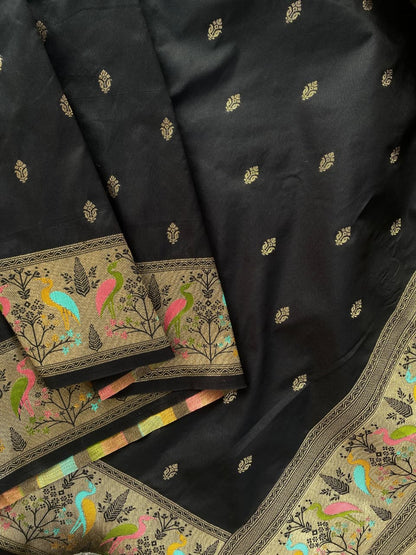 Inimitable Black Soft Banarasi Silk Saree With Assemblage Blouse Piece