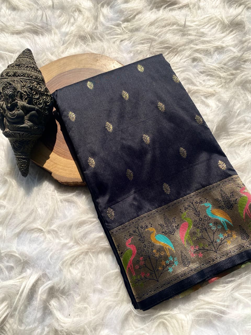 Inimitable Black Soft Banarasi Silk Saree With Assemblage Blouse Piece