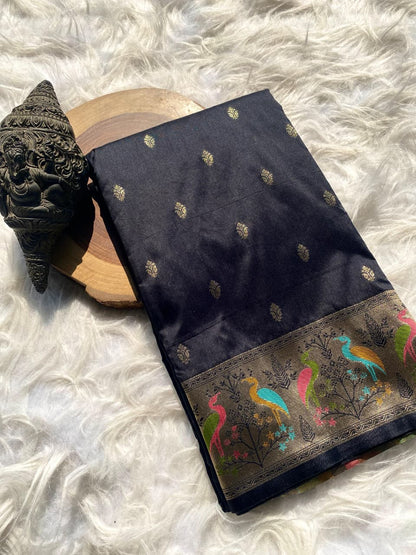 Inimitable Black Soft Banarasi Silk Saree With Assemblage Blouse Piece