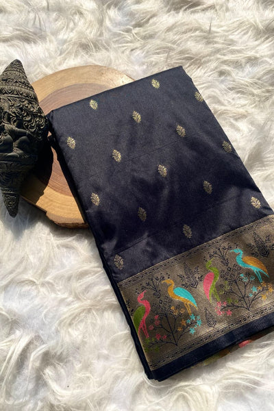 Inimitable Black Soft Banarasi Silk Saree With Assemblage Blouse Piece
