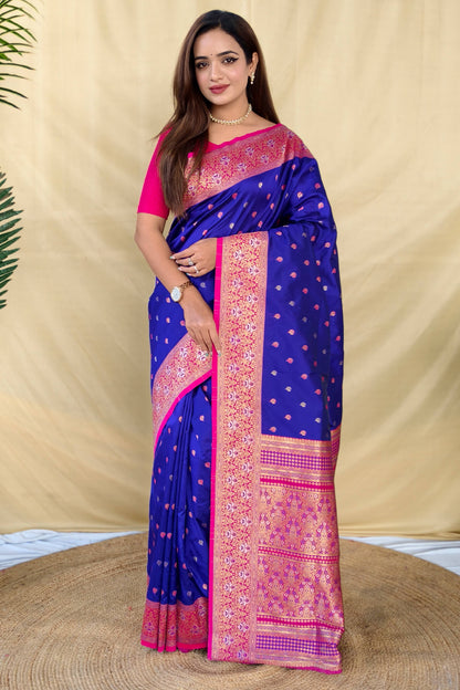 Prominent Royal Blue Pure Zari Weaving Banarasi Silk Saree With Beguiling Blouse Piece