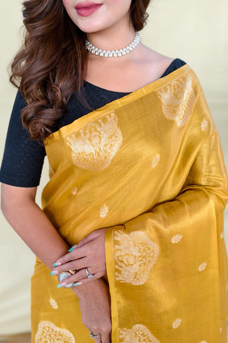 Alluring Yellow Banarasi Tissue Silk Saree With Energetic Blouse Piece