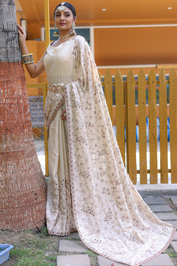 Trendy Beige Embroidery Work Soft Silk Saree With Sophisticated Blouse Piece